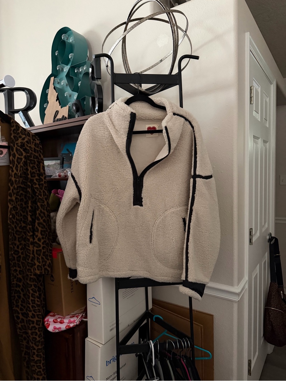 Cream Sherpa Pullover Jacket with Black Trim